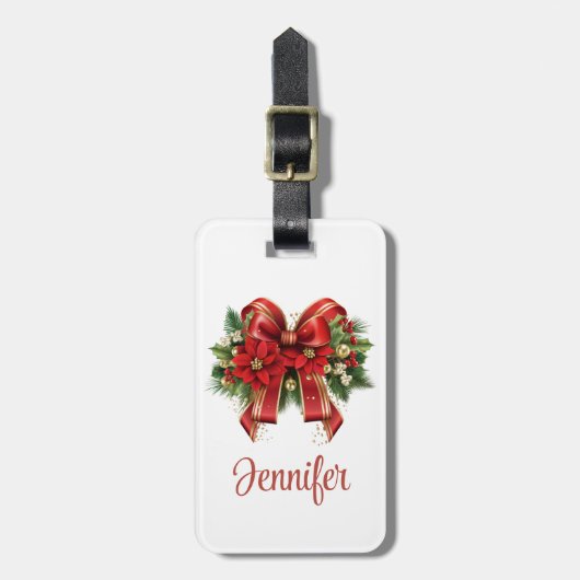 フェスティバルレッドと金ゴールドクリスマスボウ ラゲッジタグ (正面縦)