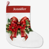 フェスティバルレッドと金ゴールドクリスマスボウ ラージクリスマスストッキング (正面)