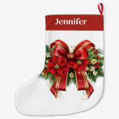 フェスティバルレッドと金ゴールドクリスマスボウ ラージクリスマスストッキング (裏面)