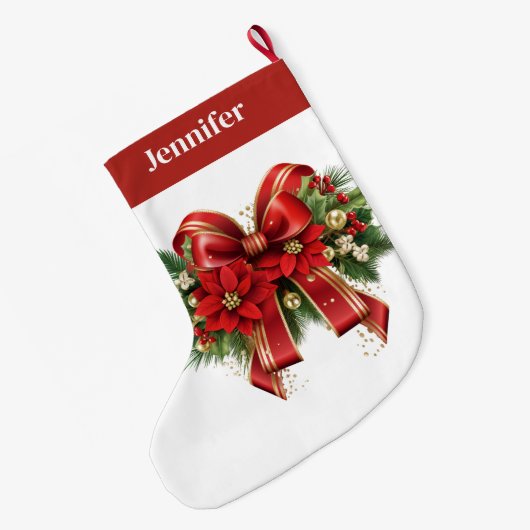 フェスティバルレッドと金ゴールドクリスマスボウ ラージクリスマスストッキング (裏面 (吊り時))