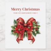 フェスティバルレッドと金ゴールドクリスマスボウ ワインラベル (シングルラベル)