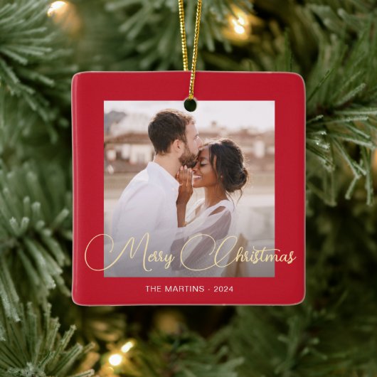 フェスティバルレッドウィンターディアーフォトクリスマス セラミックオーナメント (ツリー)