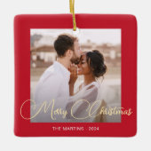 フェスティバルレッドウィンターディアーフォトクリスマス セラミックオーナメント (正面)