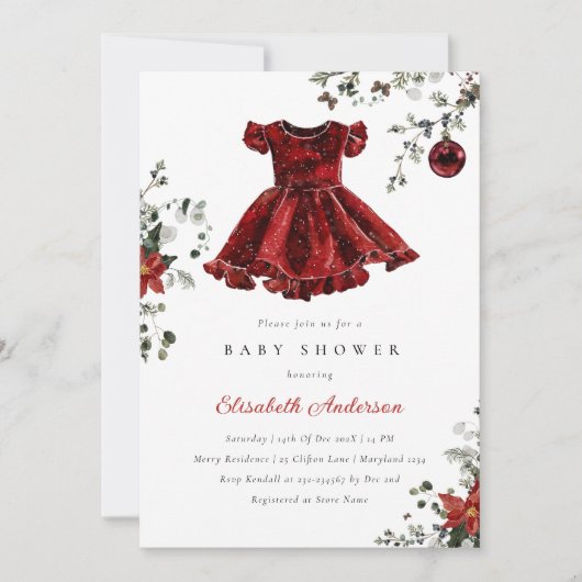フェスティバルレッドウィンターベビーシャワー招待状ガール 招待状 (正面)