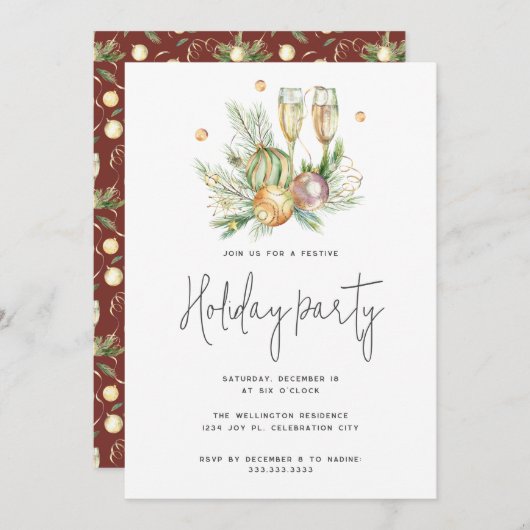 フェスティバルレッドウォーターカラーシャンパンクリスマスパーティー 招待状 (正面/裏面)