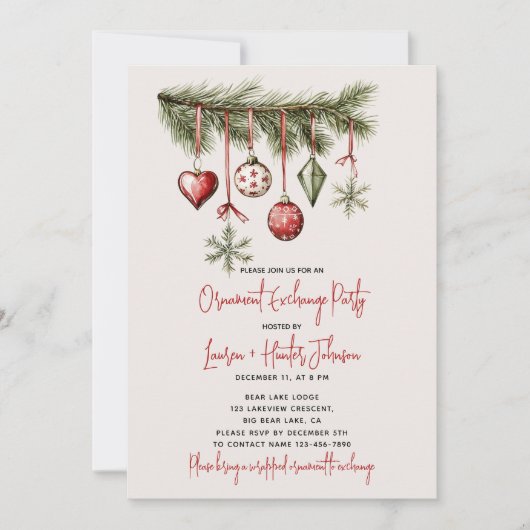 フェスティバルレッドオーナメントエクスチェンジホリデーパーティー 招待状 (正面)
