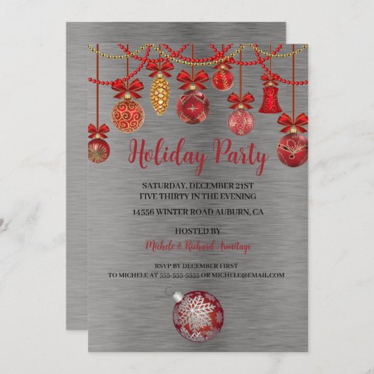 フェスティバルレッドオーナメントホリデーパーティー招待状 招待状 (正面/裏面)