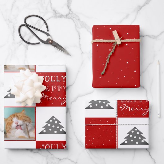フェスティバルレッドキャットフォトクリスマスツリー ラッピングペーパーシート (正面)