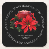 フェスティバルレッドクリスマスキャンドルホリーポインセティアス スクエアペーパーコースター (正面)