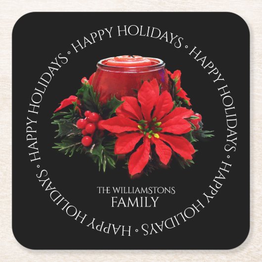 フェスティバルレッドクリスマスキャンドルホリーポインセティアス スクエアペーパーコースター (正面)