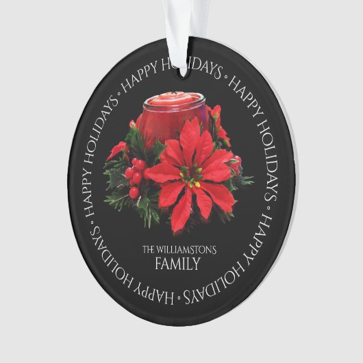 フェスティバルレッドクリスマスキャンドル、ホリーとポインセチア オーナメント (正面)