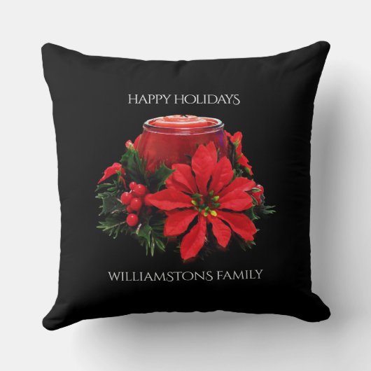 フェスティバルレッドクリスマスキャンドル、ホリーとポインセチア クッション (裏面)
