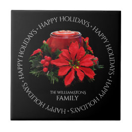 フェスティバルレッドクリスマスキャンドル、ホリーとポインセチア タイル