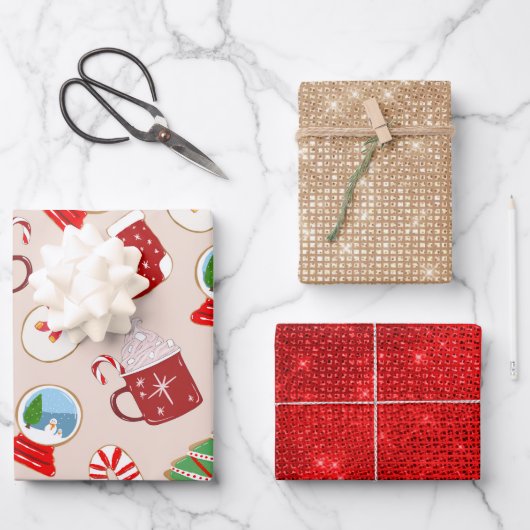 フェスティバルレッドクリスマスクッキーイラストレーションパターン ラッピングペーパーシート (正面)