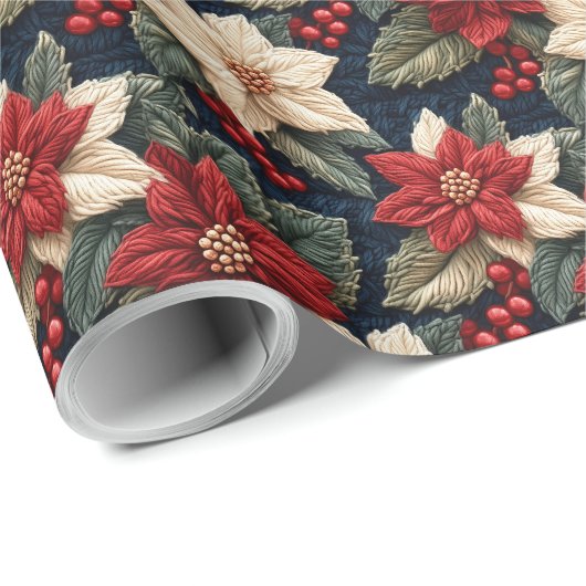 フェスティバルレッドクリスマスポインセチア編みフローラ ラッピングペーパー (ロールコーナー)