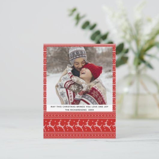 フェスティバルレッドクリスマス醜いセーター北欧トナカイ シーズンポストカード (スタンド正面)