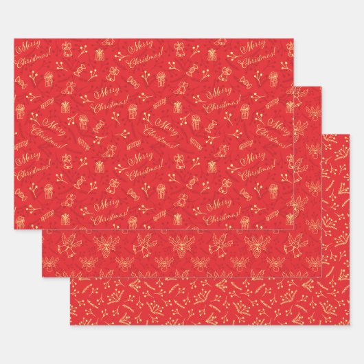 フェスティバルレッドクリスマス3パターズホリデーギフト ラッピングペーパーシート (セット)