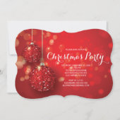 フェスティバルレッドグリッターオーナメントクリスマスパーティー 招待状 (正面)