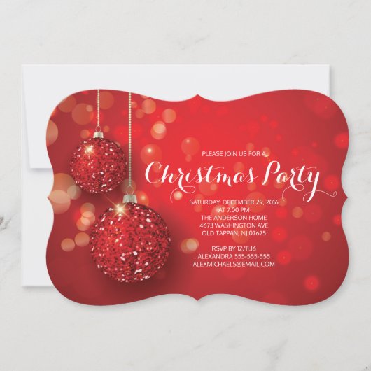 フェスティバルレッドグリッターオーナメントクリスマスパーティー 招待状 (正面)