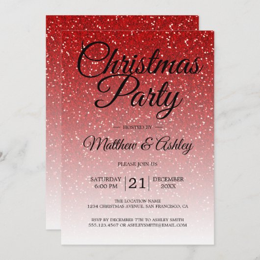 フェスティバルレッドグリッターグラデーションクリスマスパーティー 招待状 (正面/裏面)