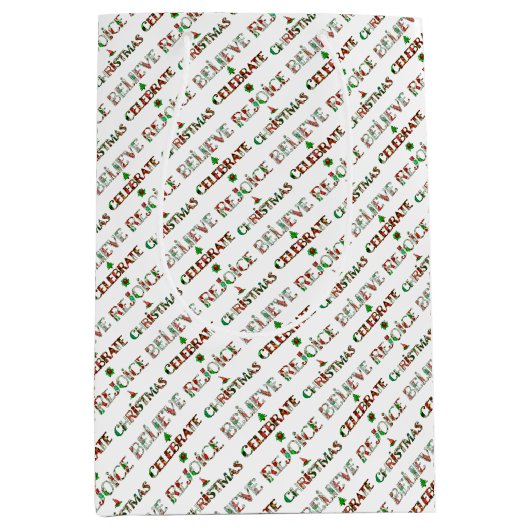 フェスティバルレッドグリーンクリスマスタイポグラフィ ミディアムペーパーバッグ (正面)