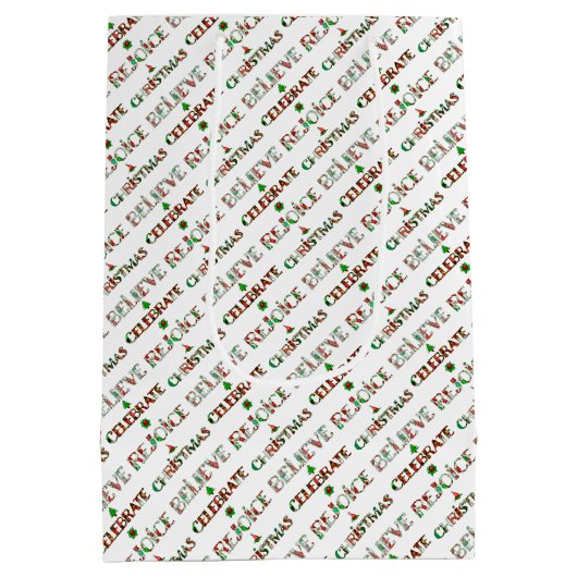 フェスティバルレッドグリーンクリスマスタイポグラフィ ミディアムペーパーバッグ (裏面)