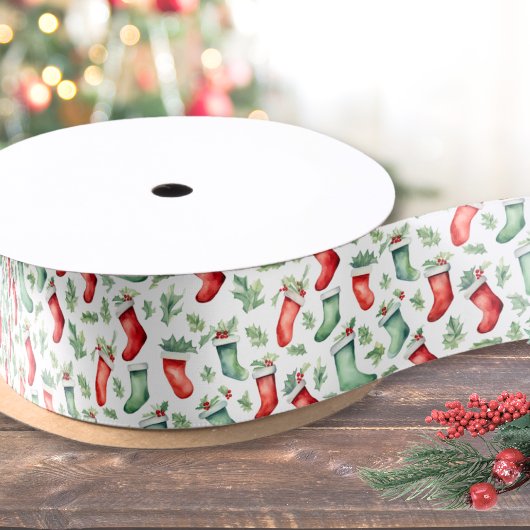 フェスティバルレッドグリーンストッキングクリスマス サテンリボン