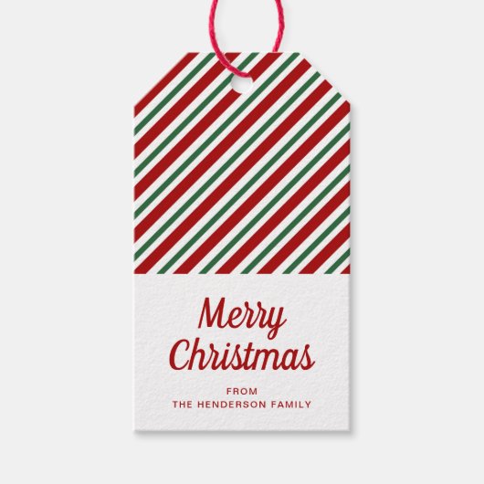 フェスティバルレッドグリーンストライプのクリスマス ギフトタグ (正面)