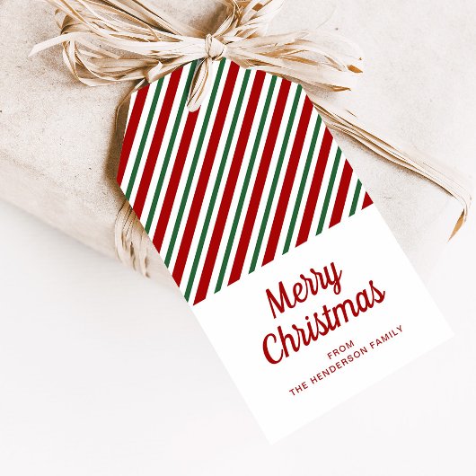 フェスティバルレッドグリーンストライプのクリスマス ギフトタグ