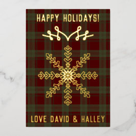 フェスティバルレッドグリーンタータンチェックはっきりしたスノーフレーククリスマス 箔シーズンカード