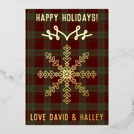フェスティバルレッドグリーンタータンチェックはっきりしたスノーフレーククリスマス 箔シーズンカード (正面)