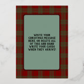 フェスティバルレッドグリーンタータンチェックはっきりしたスノーフレーククリスマス 箔シーズンカード (裏面)