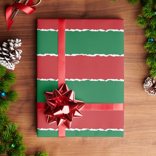 フェスティバルレッドグリーンフェイク破れたストライプクリスマス ラッピングペーパー