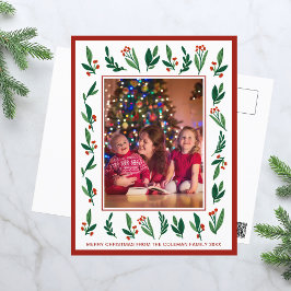 フェスティバルレッドグリーンホリーベリークリスマスフォト ポストカード