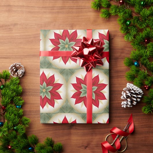フェスティバルレッドグリーンポインセチア ラッピングペーパー (クリスマスギフト)