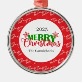 フェスティバルレッドグリーンメリークリスマスラウンドオーナメント メタルオーナメント (正面)