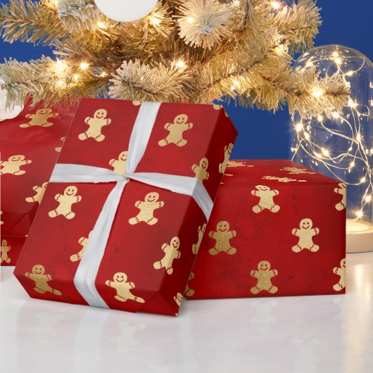 フェスティバルレッドゴールドフォイルウィンタージンジャーブレッドマン ラッピングペーパー (クリスマス)