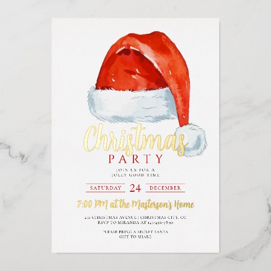 フェスティバルレッドサンタハットクリスマスパーティー 箔招待状 (正面)