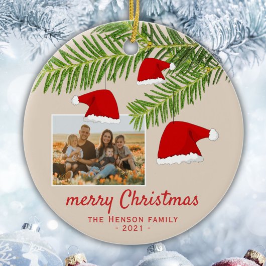 フェスティバルレッドサンタハットパインメリークリスマスフォト セラミックオーナメント