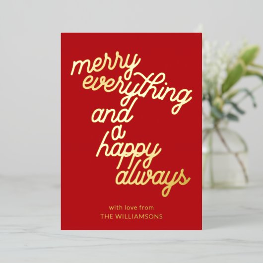 フェスティバルレッドスクリプトメリーすべてのクリスマス金ゴールド 箔シーズンカード (立ち正面)