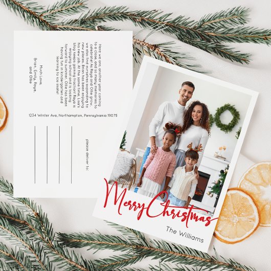 フェスティバルレッドスクリプトメリークリスマスバーチカルフォト シーズンポストカード