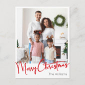 フェスティバルレッドスクリプトメリークリスマスバーチカルフォト シーズンポストカード (正面)