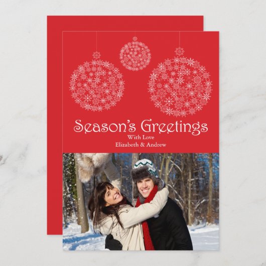 フェスティバルレッドスノーフレークオーナメントホリデーフォトカード シーズンカード (正面/裏面)