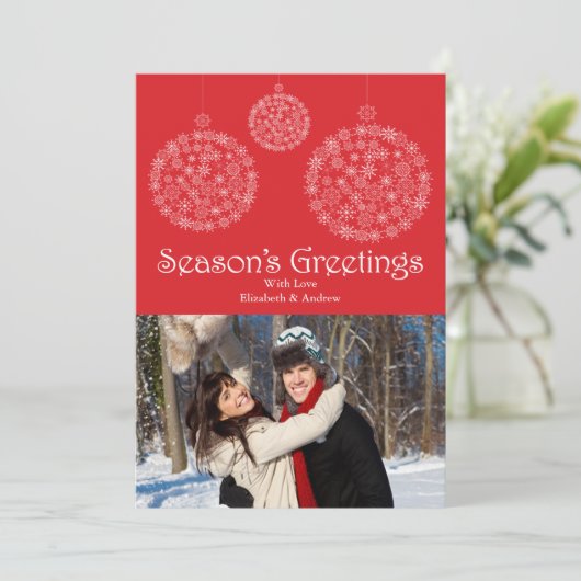 フェスティバルレッドスノーフレークオーナメントホリデーフォトカード シーズンカード (スタンド正面)