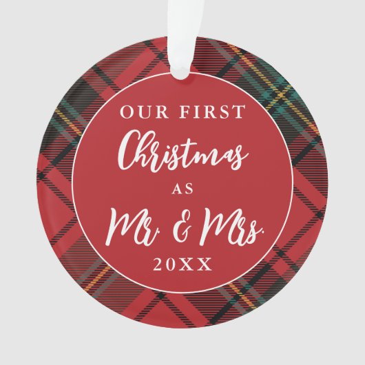 フェスティバルレッドタータンチェックニューリュウズ初めてのクリスマス写真 オーナメント (正面)