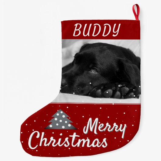 フェスティバルレッドドッグのペットの名前と写真 ラージクリスマスストッキング (裏面)