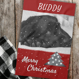 フェスティバルレッドドッグペットフォトツリーメリークリスマス キッチンタオル