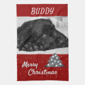 フェスティバルレッドドッグペットフォトツリーメリークリスマス キッチンタオル (縦)