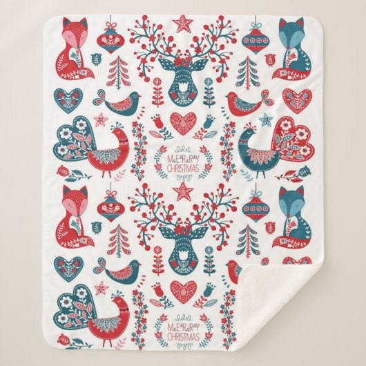 フェスティバルレッドネイビークリスマススススススカンジナビアフォークアート シェルパブランケット (正面)
