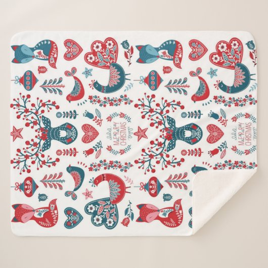 フェスティバルレッドネイビークリスマススススススカンジナビアフォークアート シェルパブランケット (正面(横))